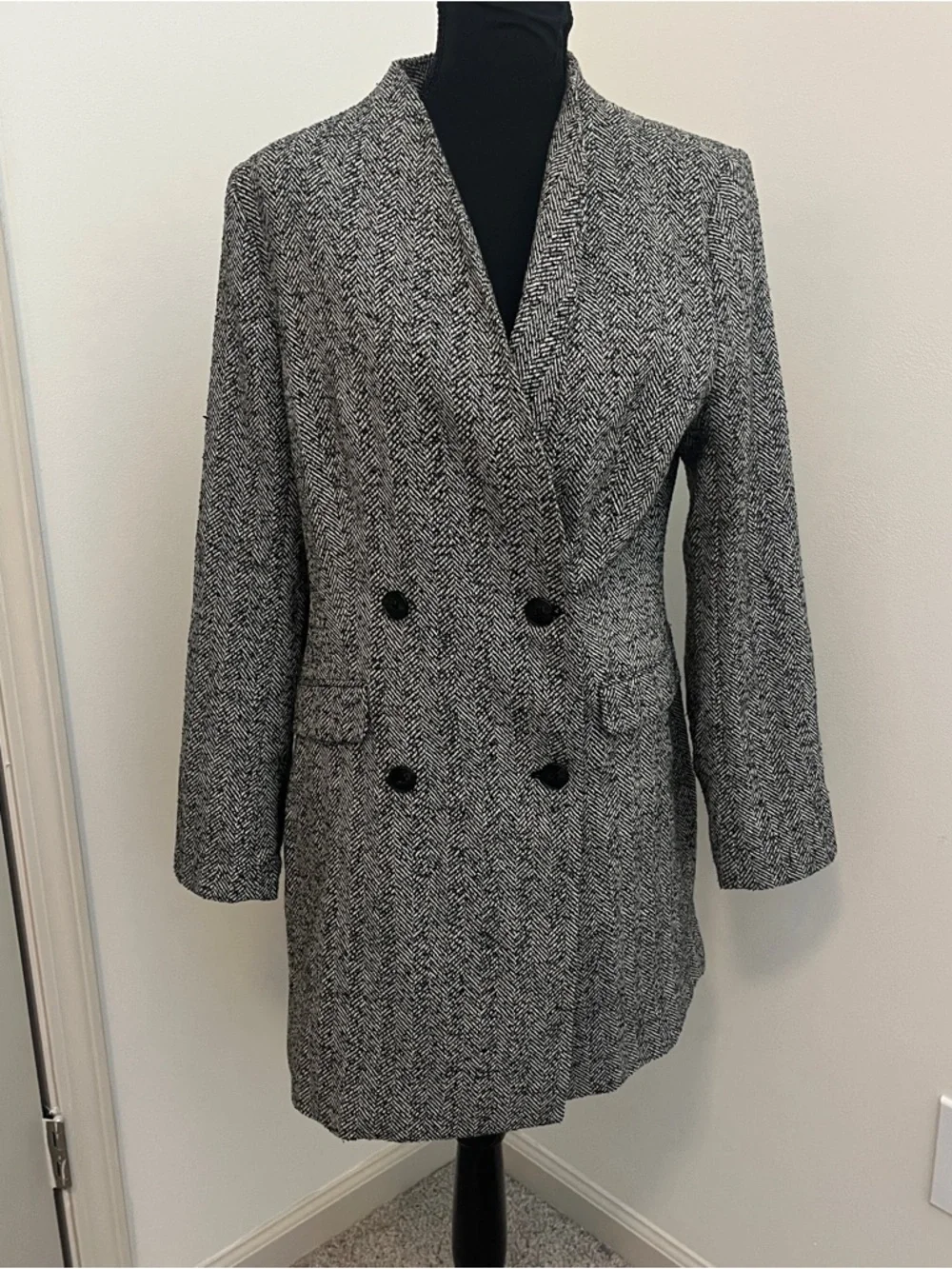 H&M Herringbone Double Breasted Blazer Coat Size M Black‎ White Tweed Wool Blend